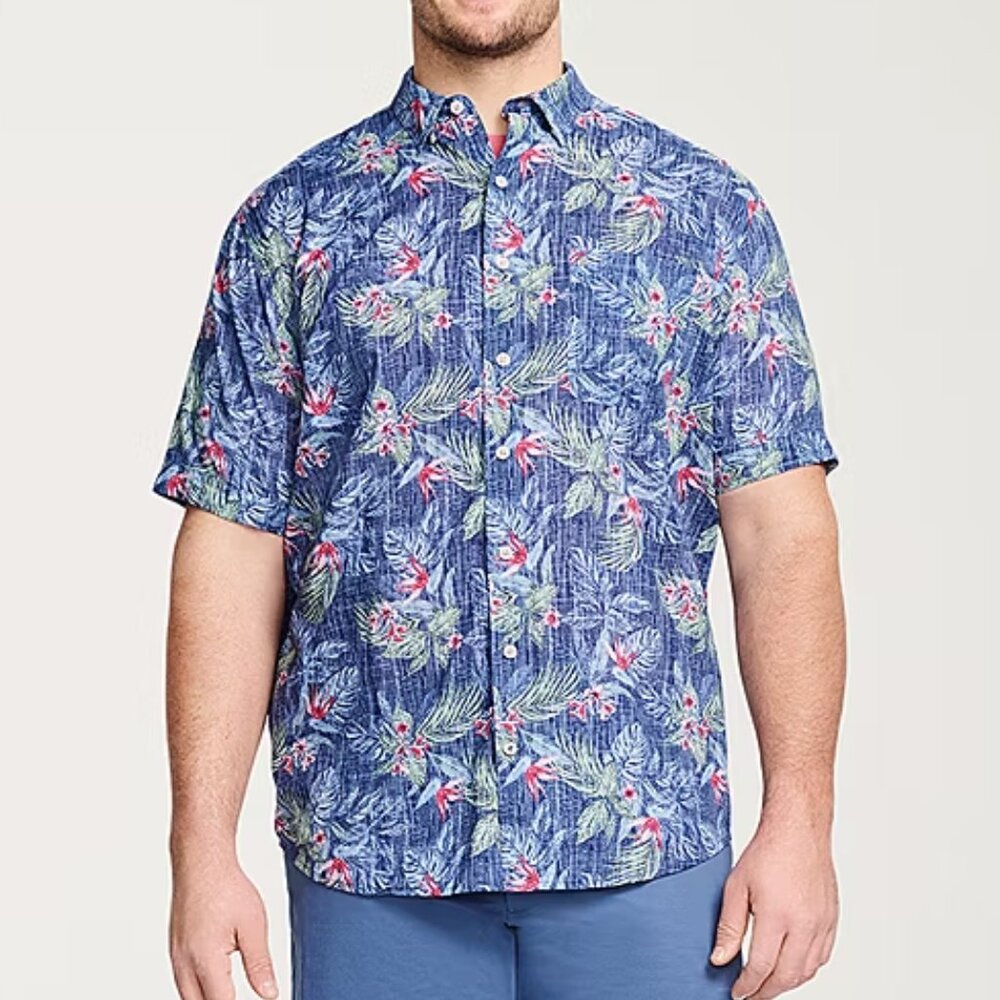 Izod Shirt L Tall - Blue Floral Hawaiian Short Sleeve Button Front Soft Top New